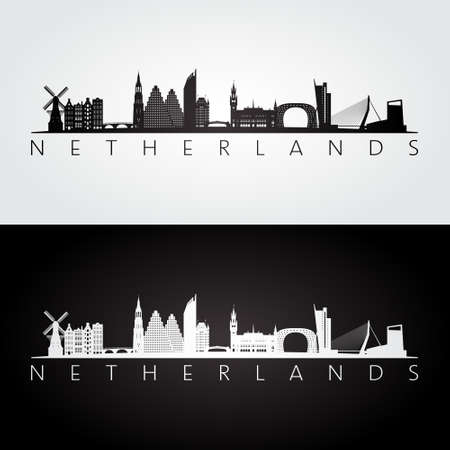 Netherlands skyline and landmarks silhouette, black and white design, vector illustration.のイラスト素材