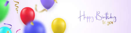 Happy Birthday long horizontal banner with bright realistic balloons and confetti. Festive background. vector illustration.のイラスト素材