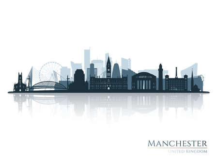 Manchester skyline silhouette with reflection. Landscape Manchester, England. vector illustration.のイラスト素材
