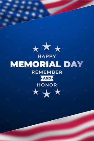 Happy Memorial Day poster with text and blurred american flag. Vector template for National American holiday event.のイラスト素材
