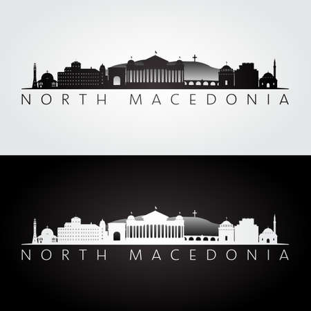 North Macedonia skyline and landmarks silhouette, black and white design, vector illustration.のイラスト素材