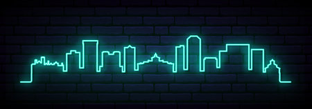 Blue neon skyline of Lexington. Bright Lexington City long banner. vector illustration.のイラスト素材