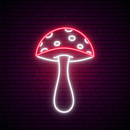Neon mushroom fly agaric. Glowing signboard of poisonous mushroom on brick wall background. Be careful not to eat - poisonous food.のイラスト素材