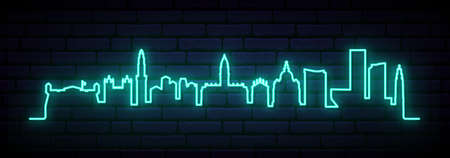 Blue neon skyline of Porto. Bright Porto City long banner. vector illustration.のイラスト素材