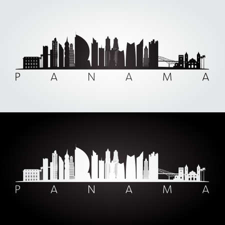 Panama skyline and landmarks silhouette, black and white design, vector illustration.のイラスト素材