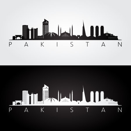 Pakistan skyline and landmarks silhouette, black and white design, vector illustration.のイラスト素材
