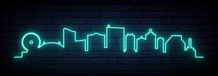 Blue neon skyline of Atlantic city. Bright Atlantic city City long banner. vector illustration.のイラスト素材