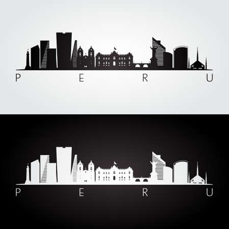 Peru skyline and landmarks silhouette, black and white design, vector illustration.のイラスト素材
