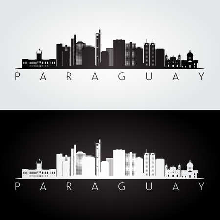 Paraguay skyline and landmarks silhouette, black and white design, vector illustration.のイラスト素材