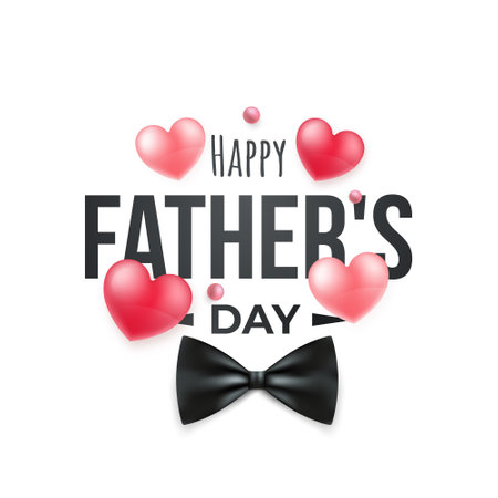 Happy Father's day card design with realistic bow tie, shiny red hearts and text. stock vector illustration.のイラスト素材
