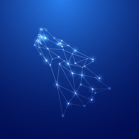 Geometric howling wolf. Head of wild wolf in the form of constellation on blue background. stock vector illustration.のイラスト素材