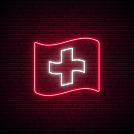 Switzerland flag neon sign. Glowing waving Switzerland national flag isolated on dark brick wall background. stock vector illustration.のイラスト素材