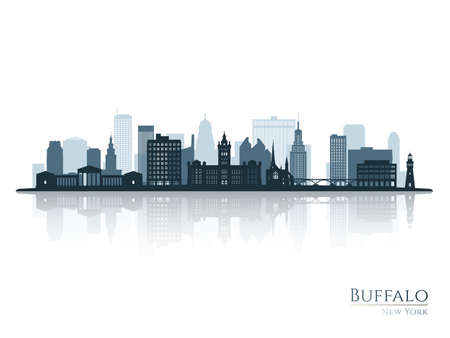 Buffalo skyline silhouette with reflection. Landscape Buffalo, New York. vector illustration.のイラスト素材