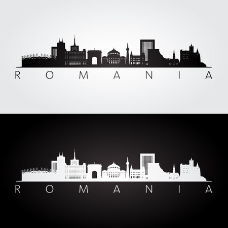 Romania skyline and landmarks silhouette, black and white design, vector illustration.のイラスト素材