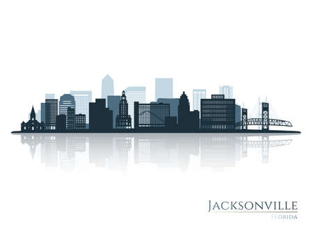Jacksonville skyline silhouette with reflection. Landscape Jacksonville, Florida. vector illustration.のイラスト素材