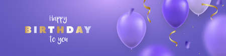 Long horizontal banner with realistic blue balloons, gold serpentine and text Happy Birthday. Very peri background for party, birthday, greetings, invitations. motion blur effect.のイラスト素材