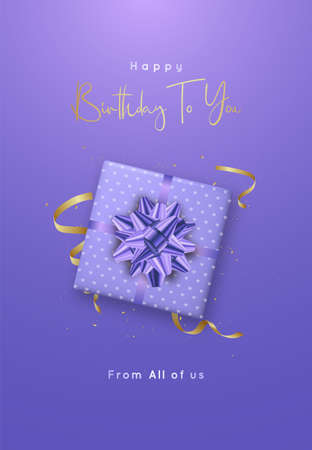 Very peri birthday card with realistic gift box and gold confetti. Vector template for greeting card, postcard, invitation, etc.のイラスト素材