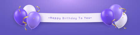 Long horizontal banner with realistic 3d balloons and text Happy birthday. Festive vector template for party, birthday, greetings, invitations.のイラスト素材