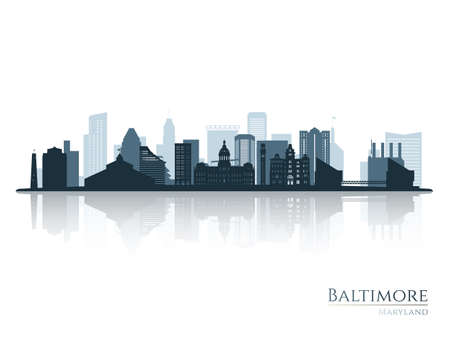 Baltimore skyline silhouette with reflection. Landscape Baltimore, Maryland. vector illustration.のイラスト素材