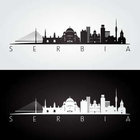 Serbia skyline and landmarks silhouette, black and white design, vector illustration.のイラスト素材