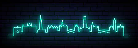 Blue neon skyline of Bruges. Bright Bruges City long banner. vector illustration.のイラスト素材