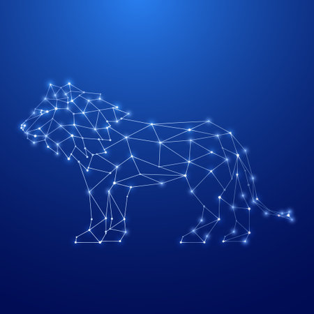 Geometric Lion silhouette. Image of Lion in the form of constellation on blue background. vector illustration.のイラスト素材