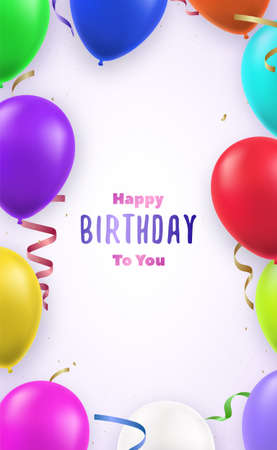 Vertical design template with 3d balloons and confetti for party invitation, birthday card, stories, flyers. Vector happy birthday illustration.のイラスト素材