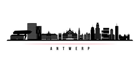 Antwerp skyline horizontal banner. Black and white silhouette of Antwerp, Belgium. vector template for your design.のイラスト素材