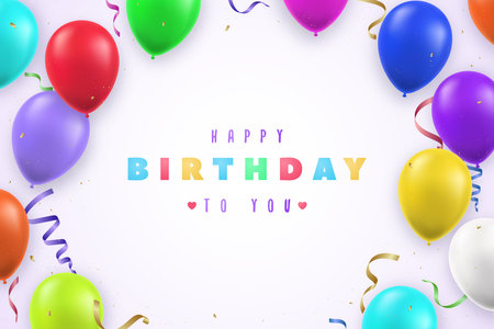 Happy Birthday banner with bright 3d balloons and confetti for party, invitations, birthday cards, flyers. vector template.のイラスト素材