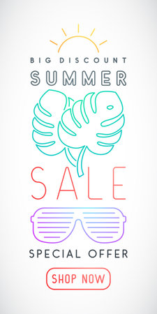 Vertical Summer Sale template with monstera leaves, sun and sunglasses. vector illustration.のイラスト素材