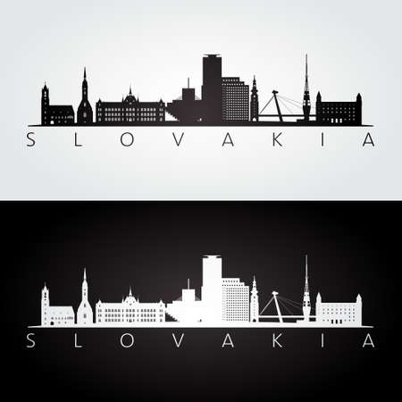 Slovakia skyline and landmarks silhouette, black and white design, vector illustration.のイラスト素材