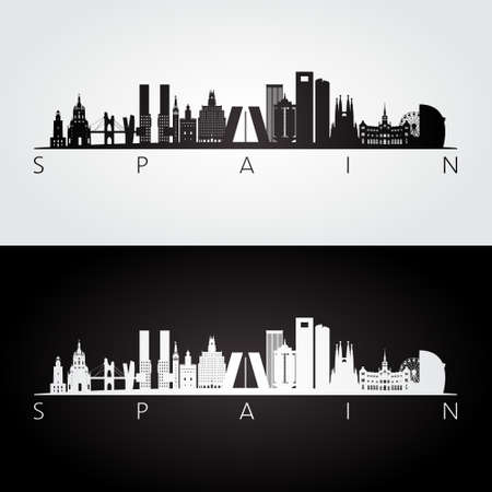 Spain skyline and landmarks silhouette, black and white design, vector illustration.のイラスト素材