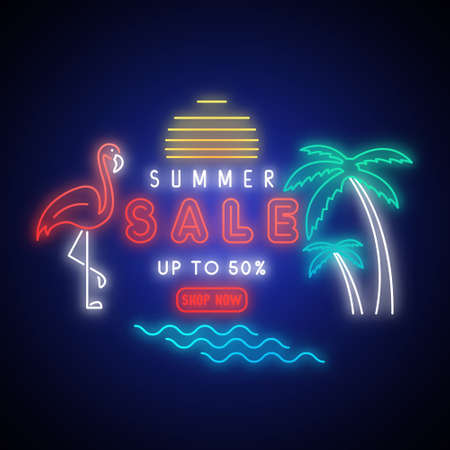 Neon summer sale banner. Glowing tropical icons and text on dark background. vector illustration.のイラスト素材