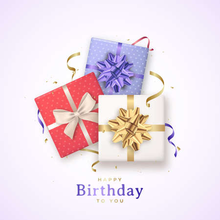 Happy birthday design with realistic gift boxes and gold confetti. Vector template for greeting card, postcard, invitation, etc.のイラスト素材