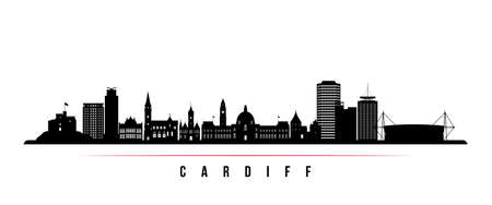 Cardiff skyline horizontal banner. Black and white silhouette of Cardiff, Wales. vector template for your design.のイラスト素材