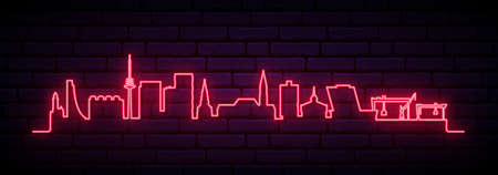 Red neon skyline of Kiel. Bright Kiel City long banner. vector illustration.のイラスト素材