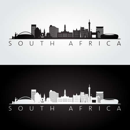 South Africa skyline and landmarks silhouette, black and white design, vector illustration.のイラスト素材