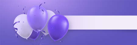 Long horizontal banner with realistic 3d balloons in very peri color. Festive vector template for party, holiday, birthday, promotion card, invitations.のイラスト素材