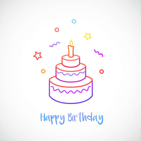 Happy birthday cake with burning candle isolated on white background. greeting card template. vector illustration.のイラスト素材