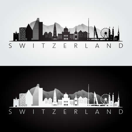 Switzerland skyline and landmarks silhouette, black and white design, vector illustration.のイラスト素材