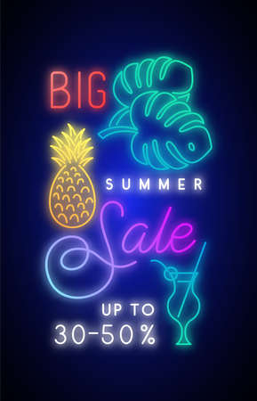 Summer sale vertical banner with glowing tropical elements. social media advertising. vector illustration.のイラスト素材