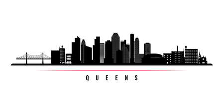 Queens skyline horizontal banner. Black and white silhouette of Queens, NY. vector template for your design.のイラスト素材