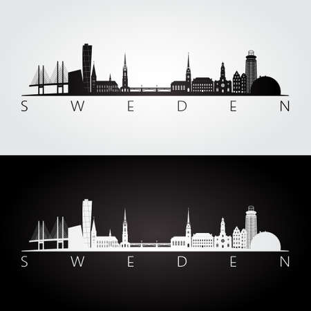Sweden skyline and landmarks silhouette, black and white design, vector illustration.のイラスト素材