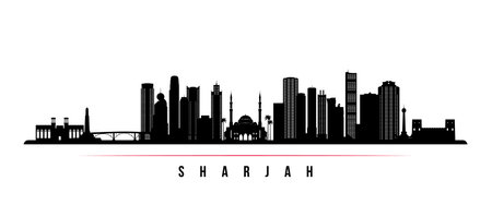 Sharjah skyline horizontal banner. Black and white silhouette of Sharjah, UAE. vector template for your design.のイラスト素材