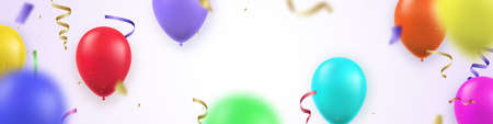Festive long horizontal banner with bright realistic balloons and confetti. Vector template for birthday, party, wedding, anniversary, etc.のイラスト素材
