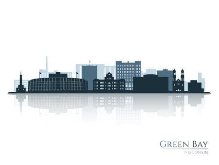 Green Bay skyline silhouette with reflection. Landscape Green Bay, Wisconsin. vector illustration.のイラスト素材
