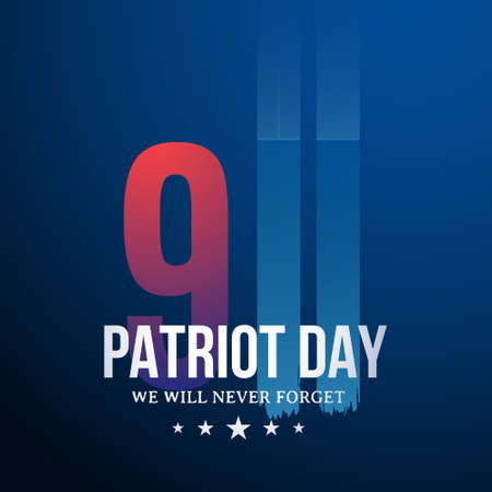 Glowing twin towers on blue background. Patriot day signboard. National Day of Prayer and Remembrance for Victims of Terror Attacks September 11, 2001.のイラスト素材