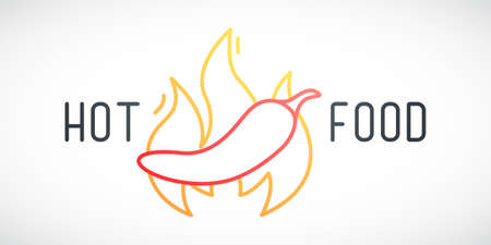Hot food line icon. Chili, fire and text. Vector emblem for spicy food cafe or restaurant.のイラスト素材