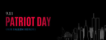 USA Patriot Day banner. Detailed high rise towers New York along with twin towers on black background. 911 Our fallen heroes.のイラスト素材