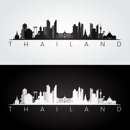 Thailand skyline and landmarks silhouette, black and white design, vector illustration.のイラスト素材